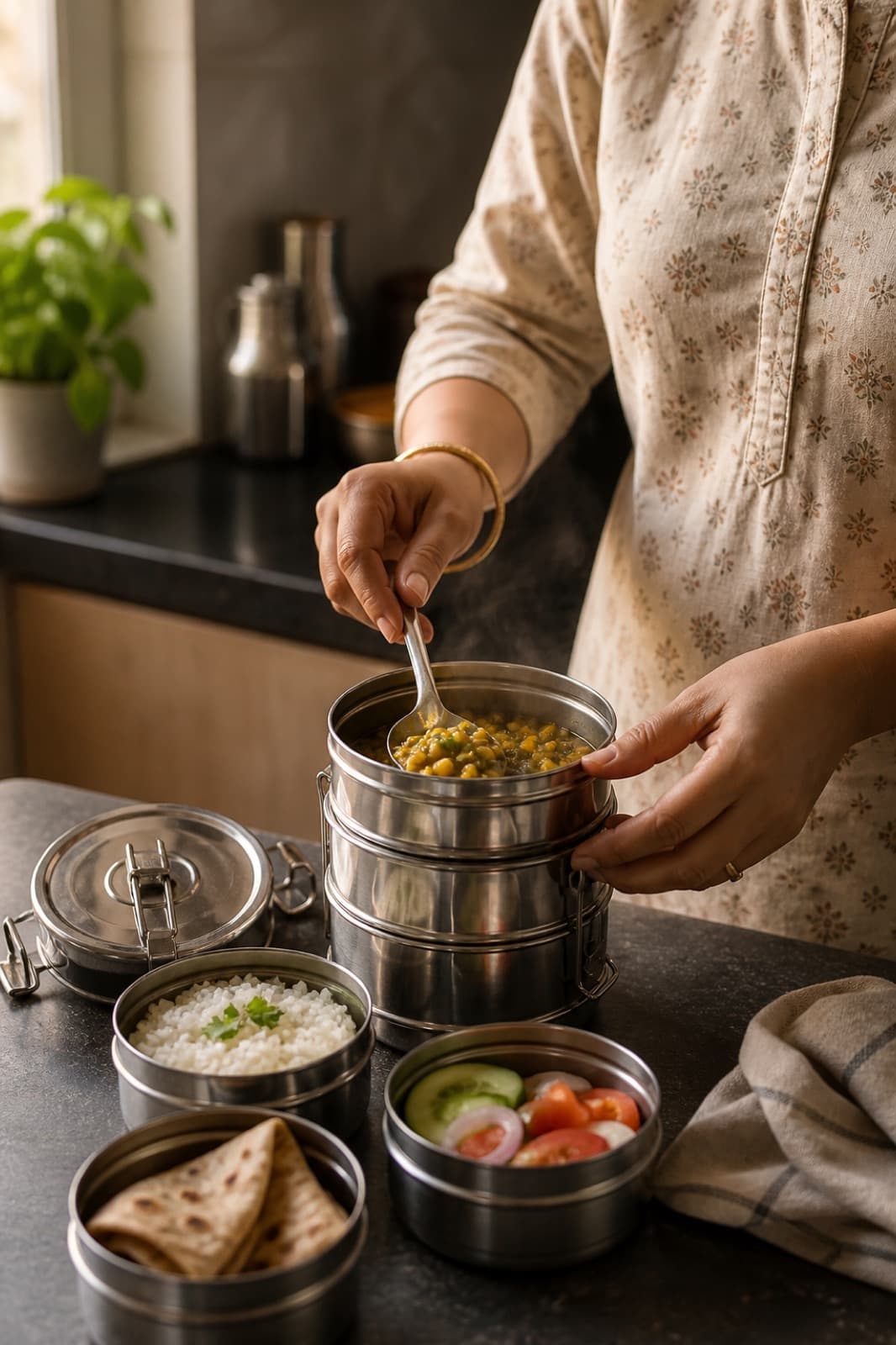 Home-cooked meal being packed into a stainless steel tiffin box